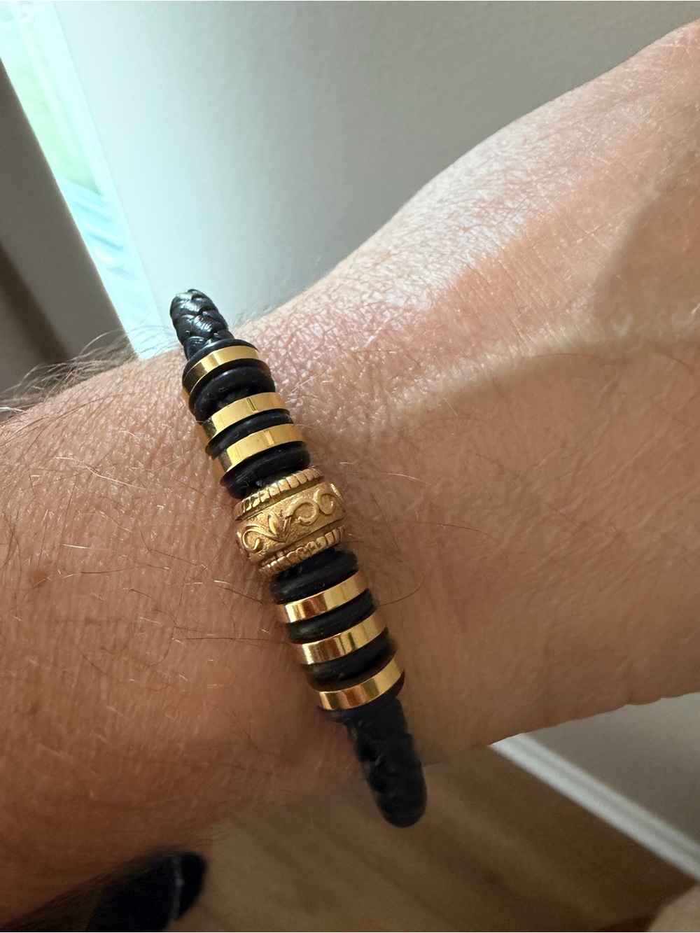 Men's Black Braided Leather Bracelet Gold Accents Magnetic Clasp